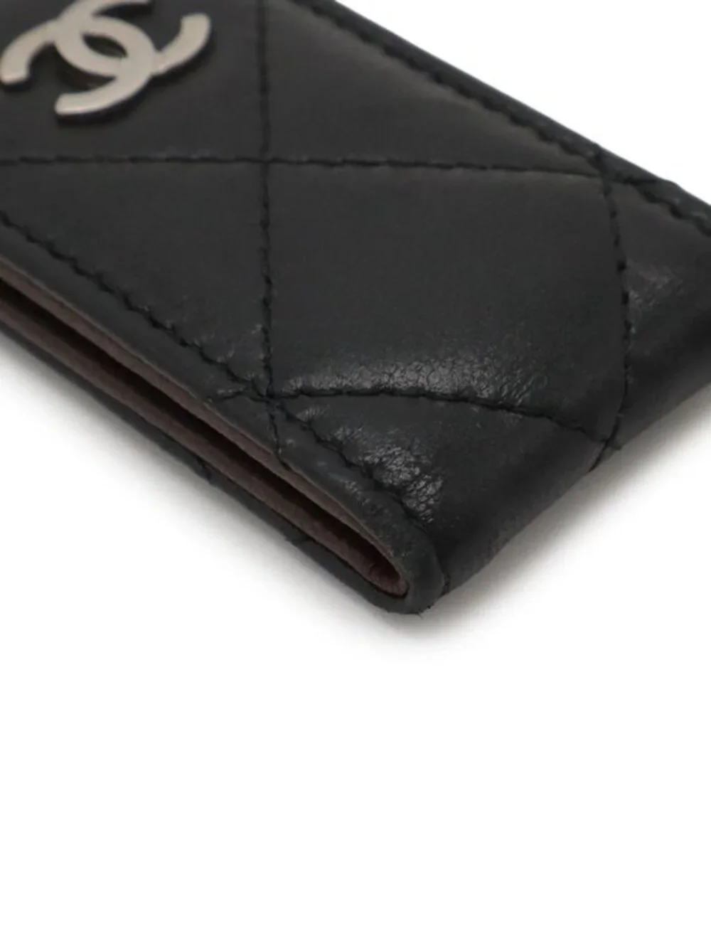Chanel Quilted Coco Mark Money Clip Billfold Bill Lambskin Leather Black